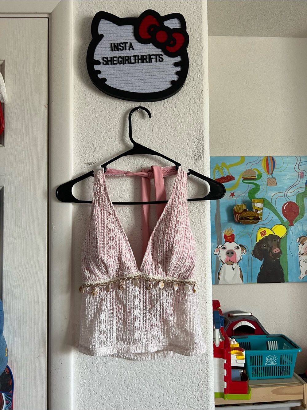 pink and white lace tankini set